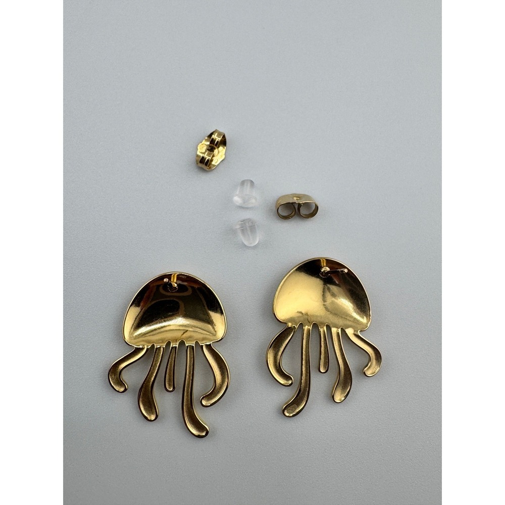 14k‎ Gold Plated Stainless Steel Oversized Jellyfish Stud Earrings Nautical Gold